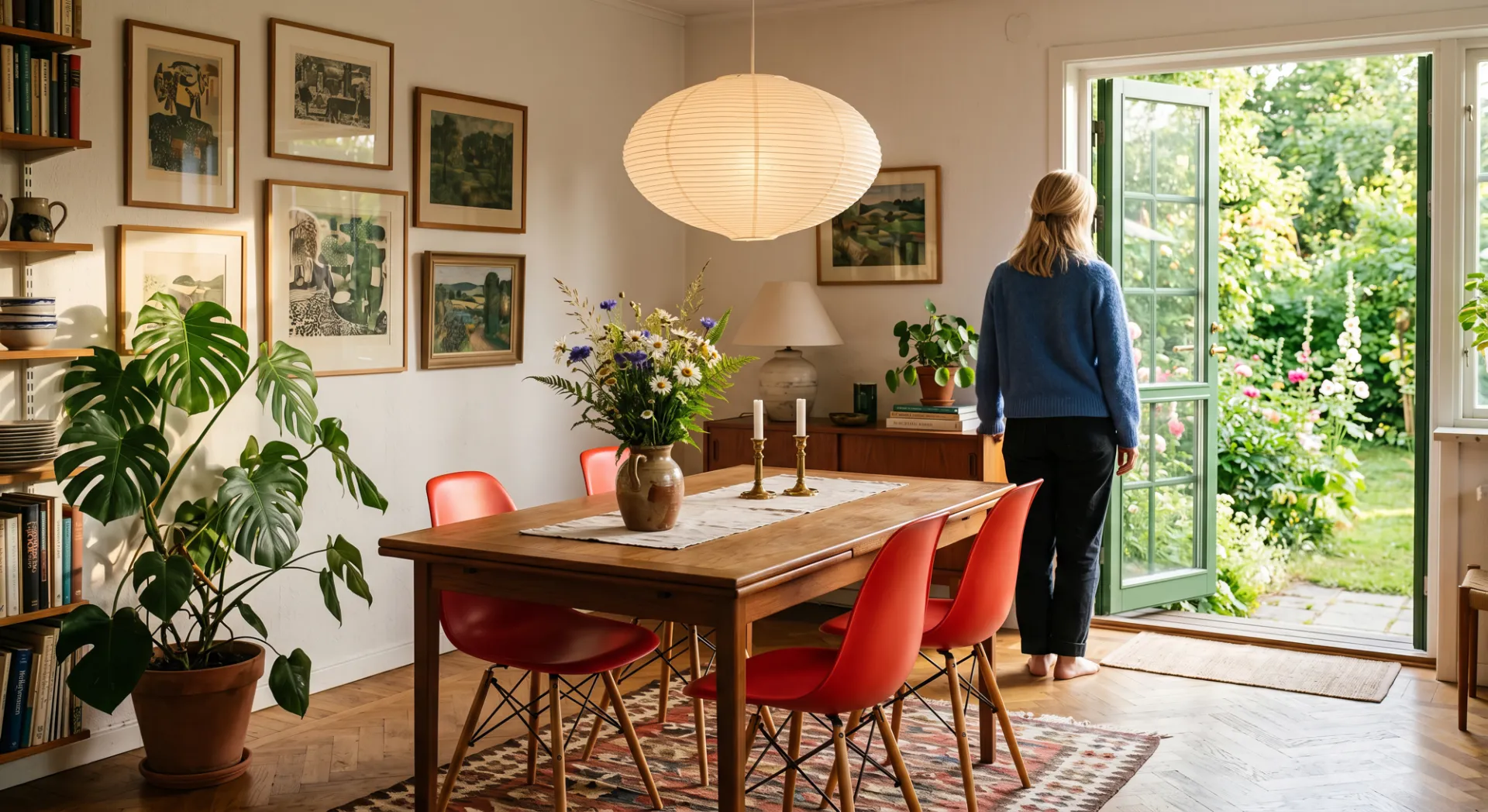 Ett varmt matrum där någon ser ut mot trädgården